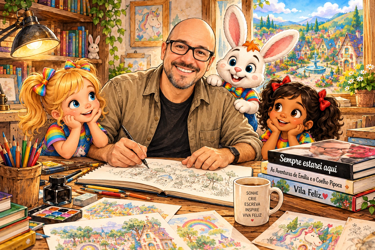 Ilustração artística do escritor à mesa, acompanhado de Emília, Pipoca e Clara