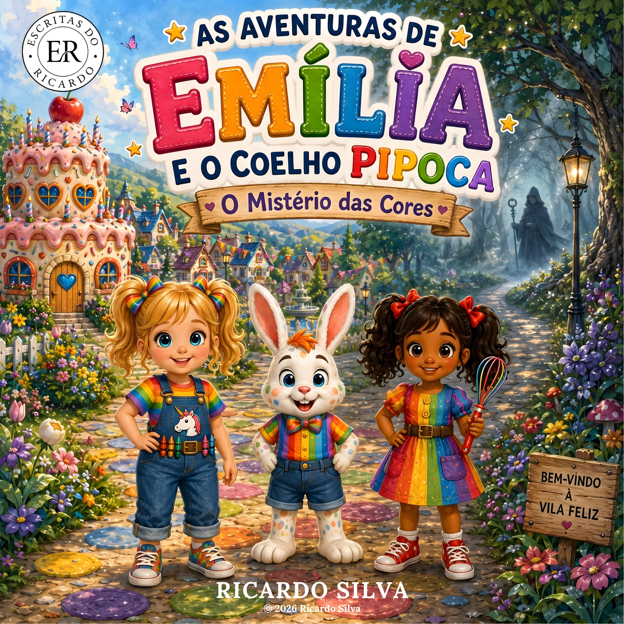 Capa original quadrada de As Aventuras de Emília e o Coelho Pipoca — O Mistério das Cores