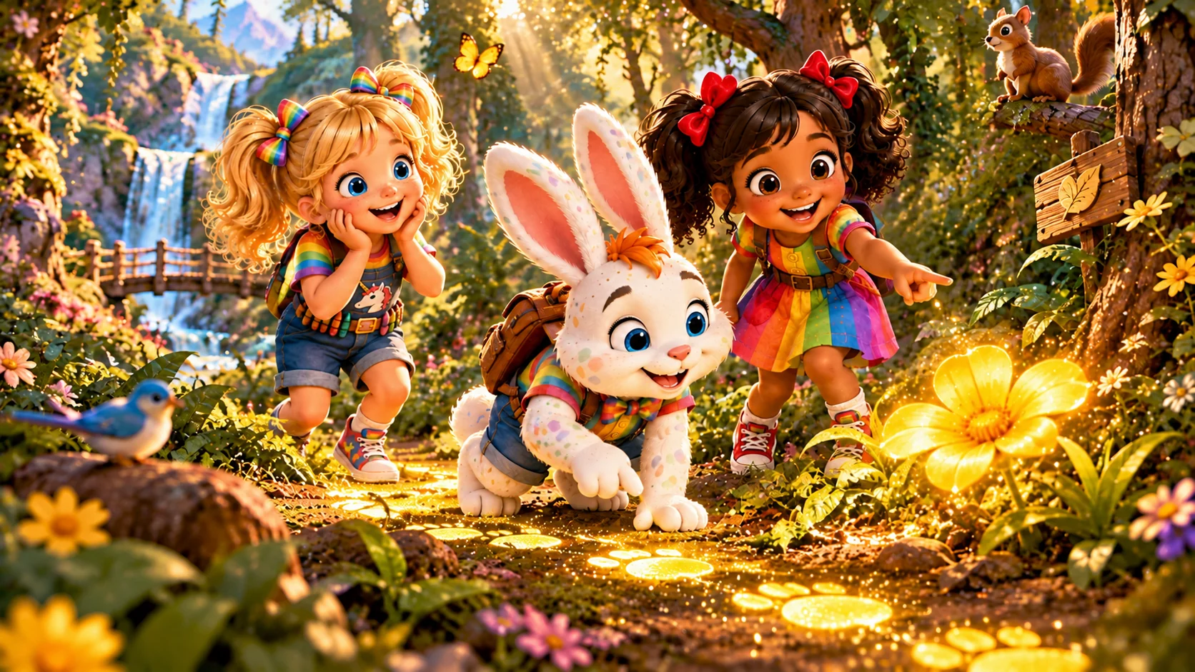 Emília, Pipoca e Clara descobrindo uma flor brilhante na floresta