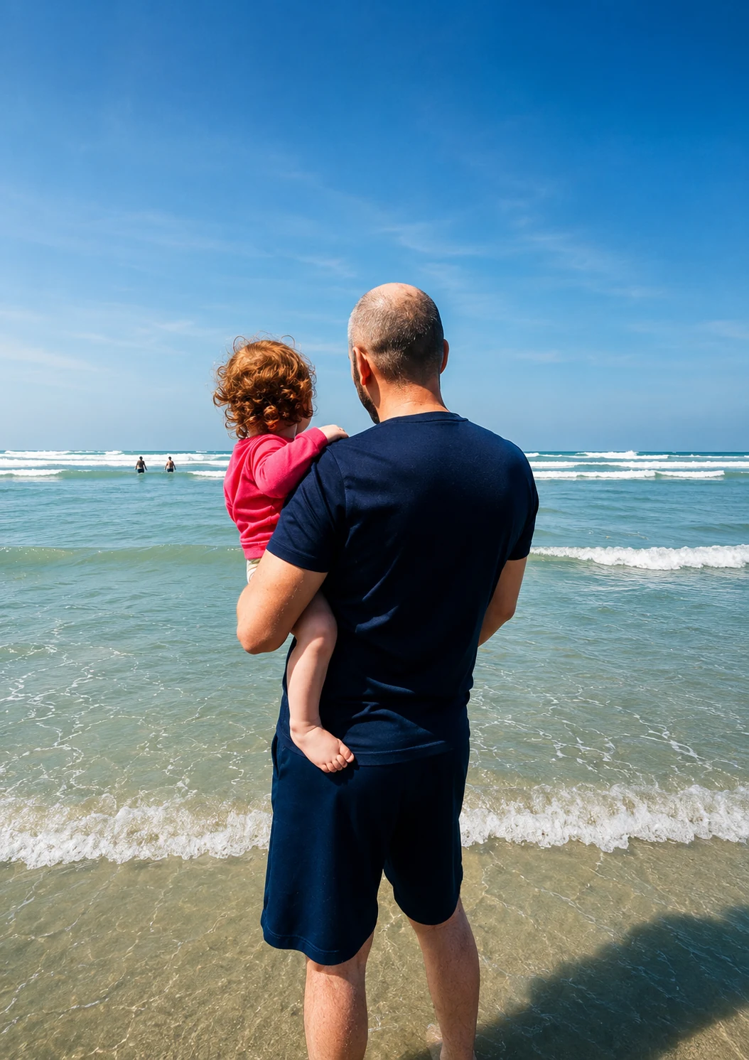 Pai segurando a filha no colo, vistos de costas diante do mar, sob um céu azul